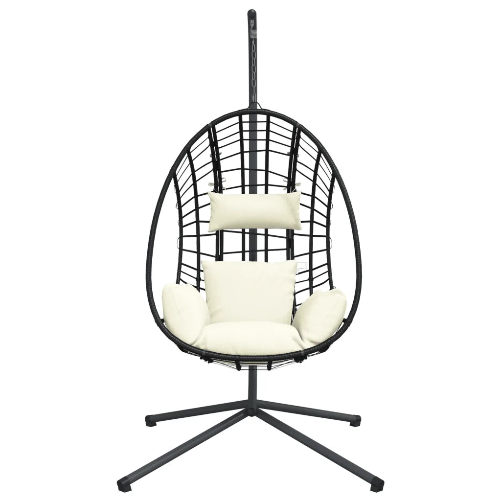 Sedia a Uovo Sospesa con Supporto Beige in Polyrattan e Acciaio