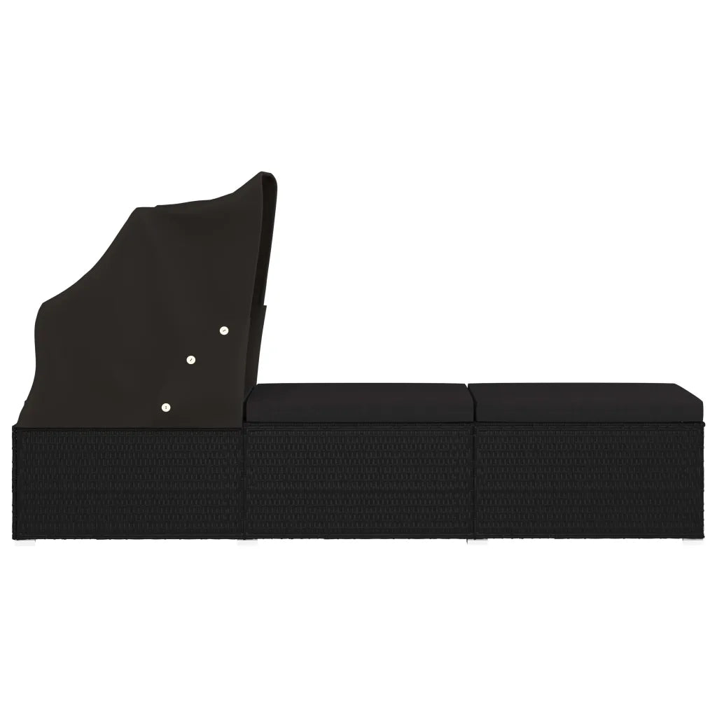 Lettino Prendisole con Tettuccio e Cuscino in Polyrattan Nero 46249