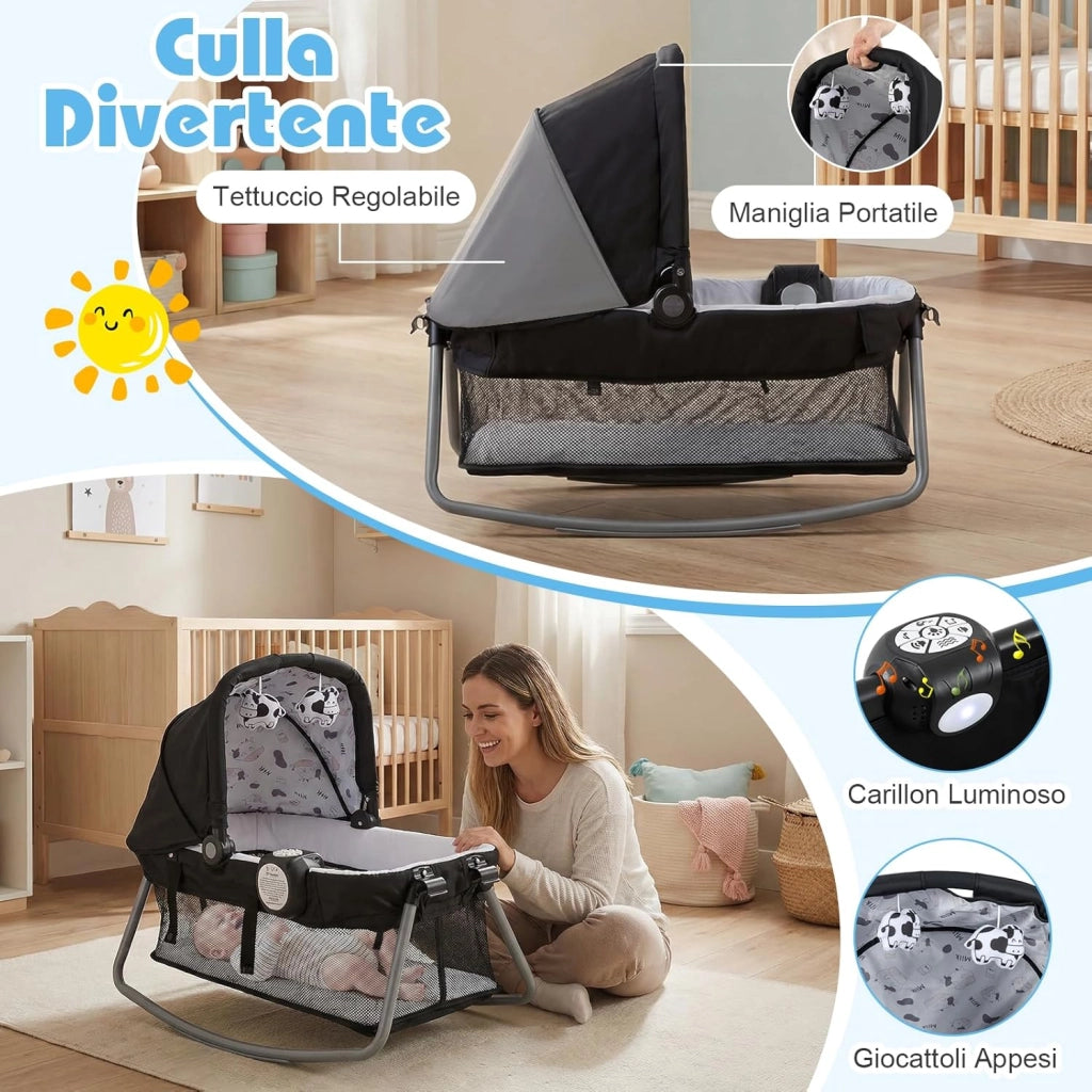 Culla Campeggio Bambini 5 in 1, Lettino Viaggio Neonati Pieghevole con Materasso, Fasciatoio e Tettoia, Box Portatile con Ruote, 2 Giocattoli Appesi e Carillon, per Bambini 0-3 Anni (Bianco)