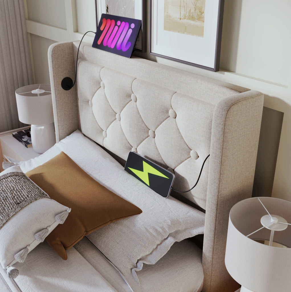 Letto imbottito con contenitore 90x200 cm; USB Type-C; LED 3 lati; beige in cotone