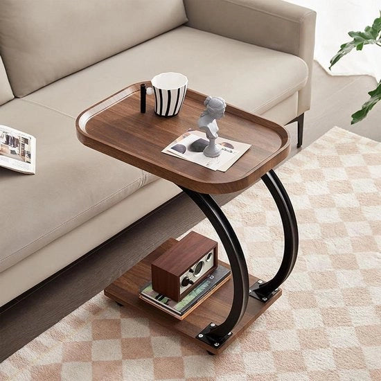 Tavolo di servizio a forma di C con ruote - Tavolo salotto in legno con struttura metallica - Design industriale - 52 x 34 x 60 cm