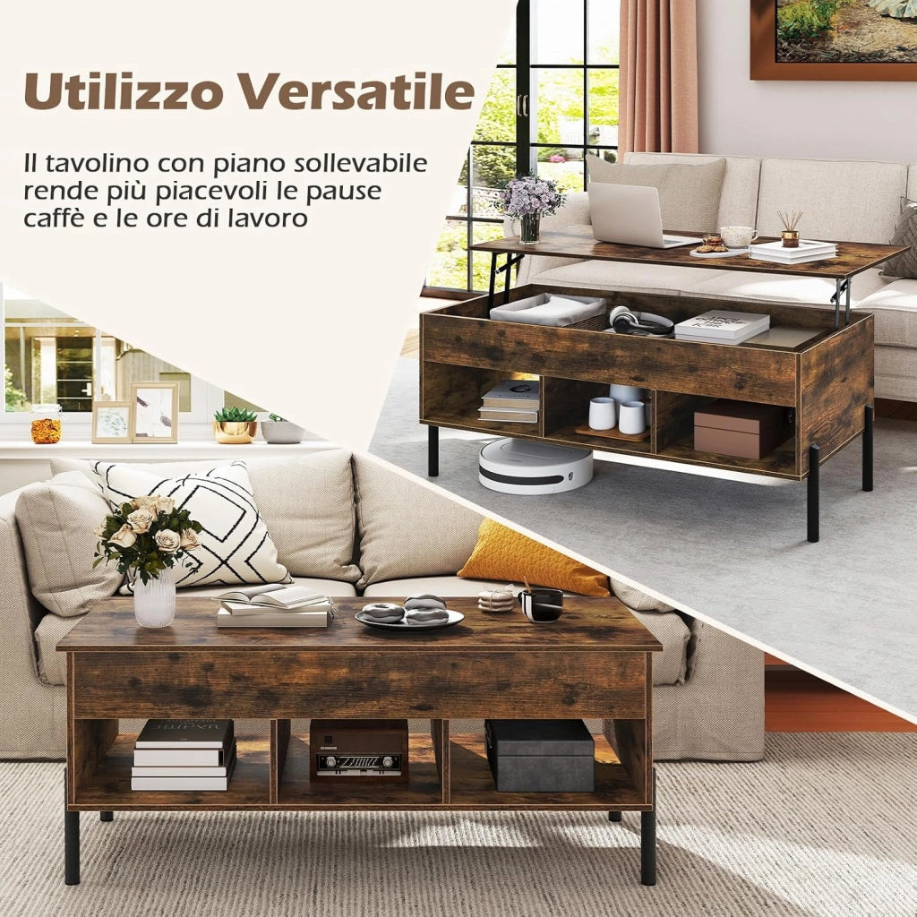 Tavolino da Caffè Sollevabile, Tavolo da Salotto con Piano Sollevabile, Ampio Comparto Nascosto, 3 Scomparti Aperti e Gambe in Metallo, Ideale per Salotto e Ufficio (Marrone)