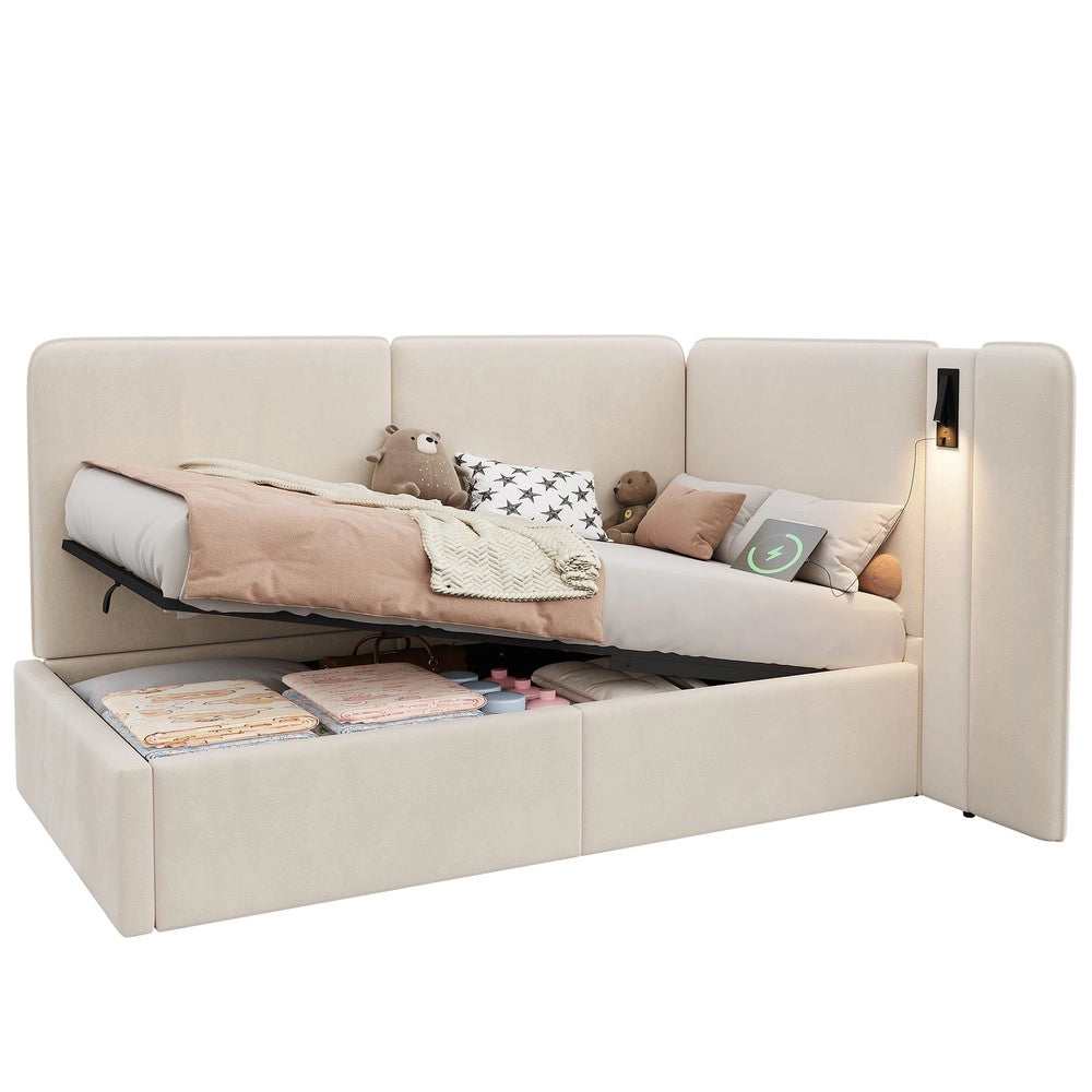 Letto Daybett 90x200 cm - Zephmum- Stoccaggio idraulico, USB, luce da lettura, velluto beige