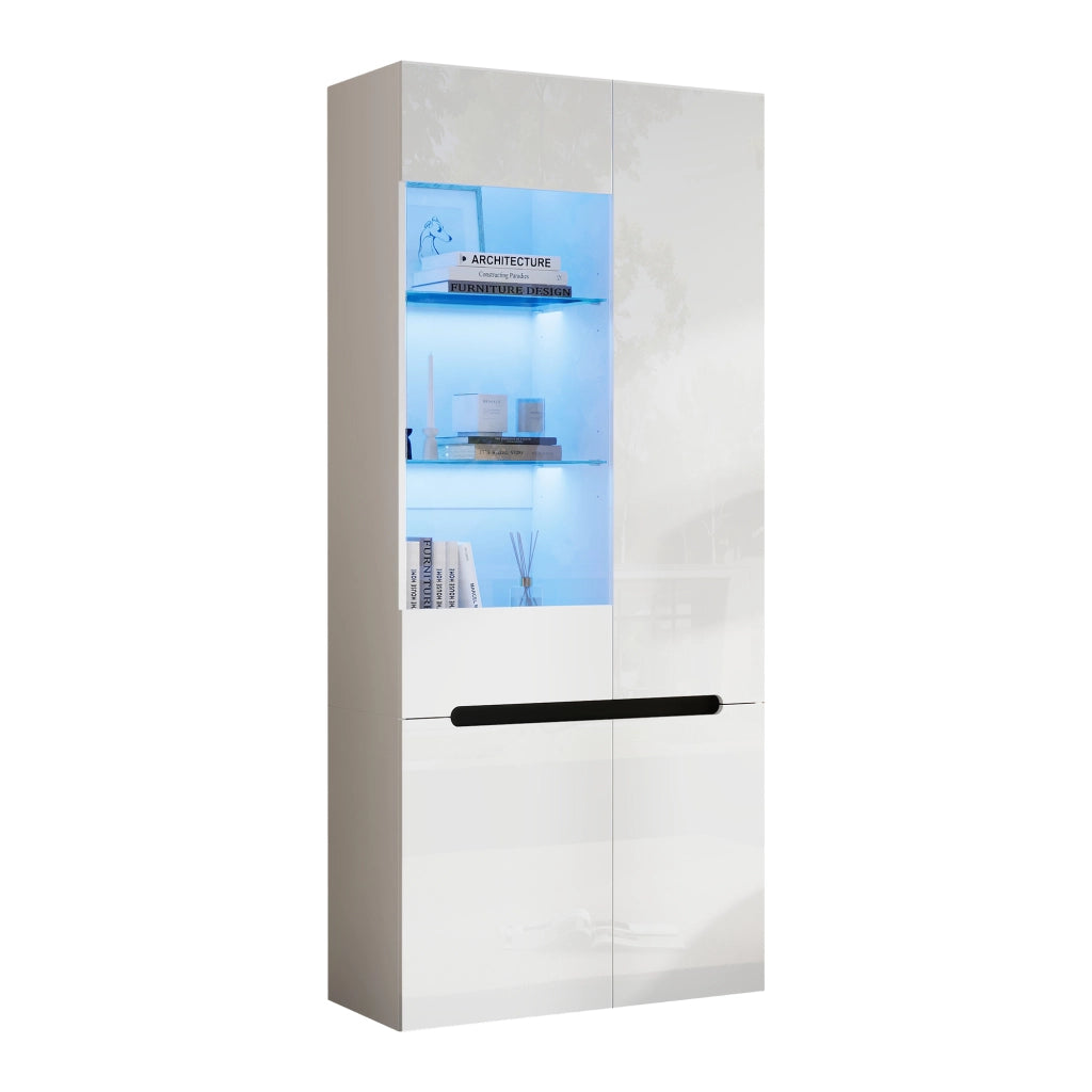Vetrina verticale con LED Bluetooth; 4 ante; 80 x 35 x 180 cm; MDF bianco