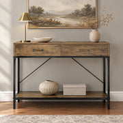 Tavolo consolle industriale marrone con 2 cassetti e ripiano, 100 x 35 x 76,5 cm