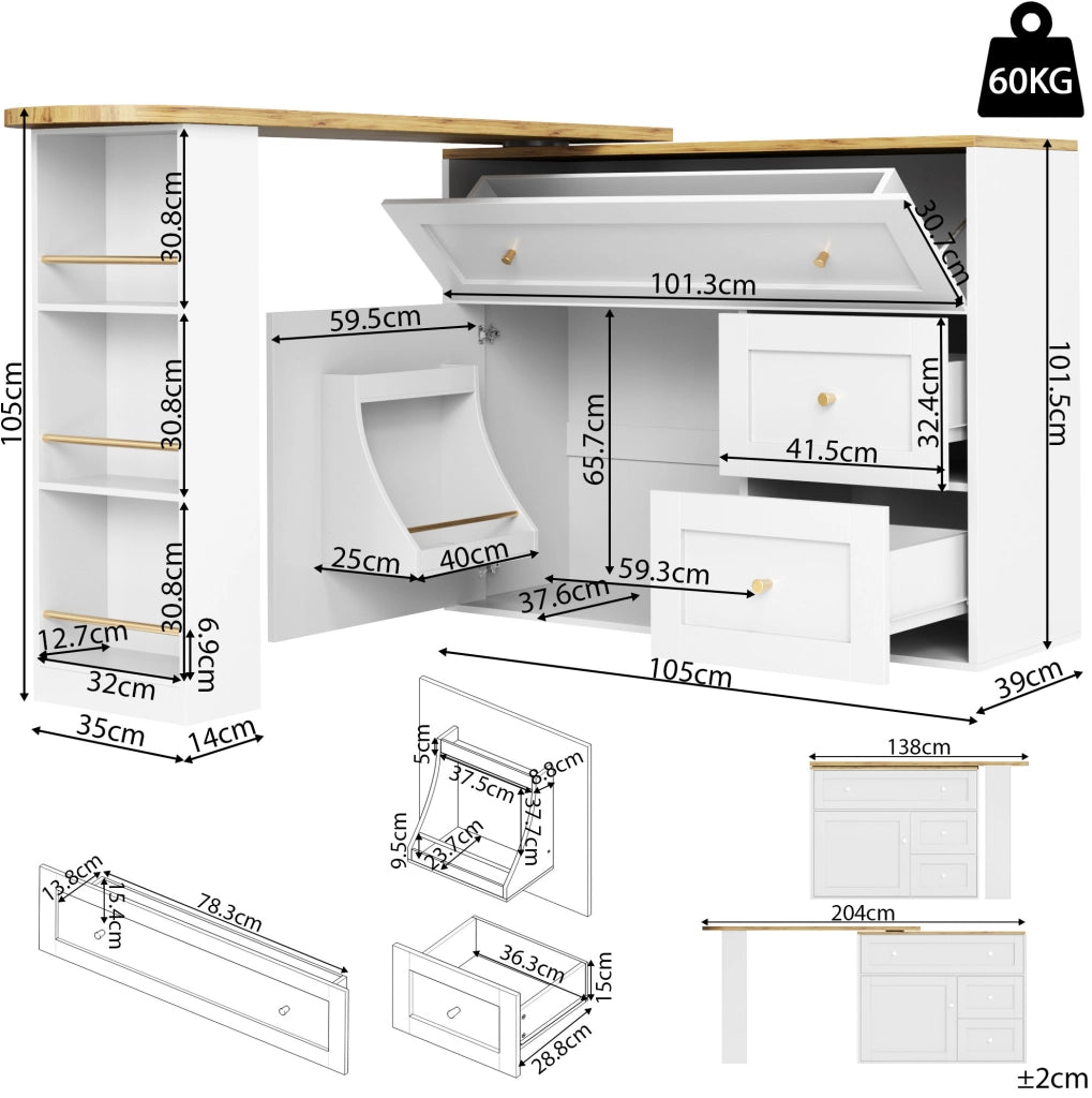Tavolo da bar allungabile con ripiani e rotazione 360°, MDF bianco 138-204×39×105 cm