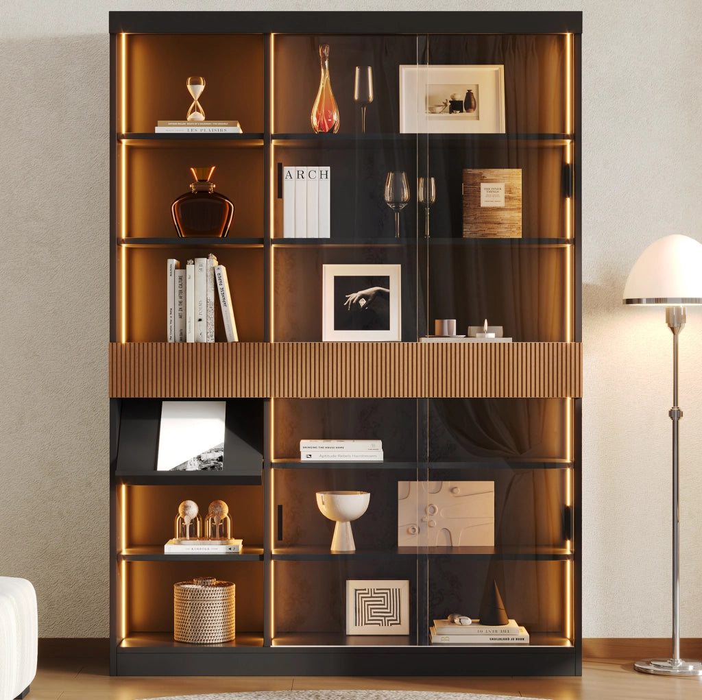 Vetrina moderna 120 x 28;5 x 180 cm in MDF e vetro grigio con LED; 3 cassetti; nero marrone
