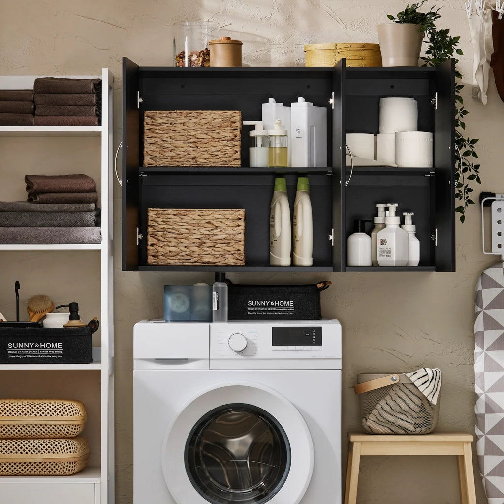 Armadietto pensile da bagno Mobile da parete per il cucina 3 ante 90x30x60cm Nero FRG231-L-SCH