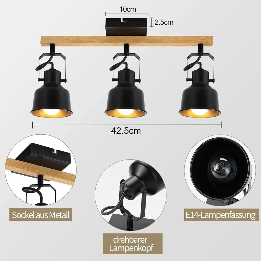ZMH Faretto da Soffitto Vintage 3 Lampade Nero 25W Attacco E14 Industriale Venatura Legno per Soggiorno Senza Lampadine