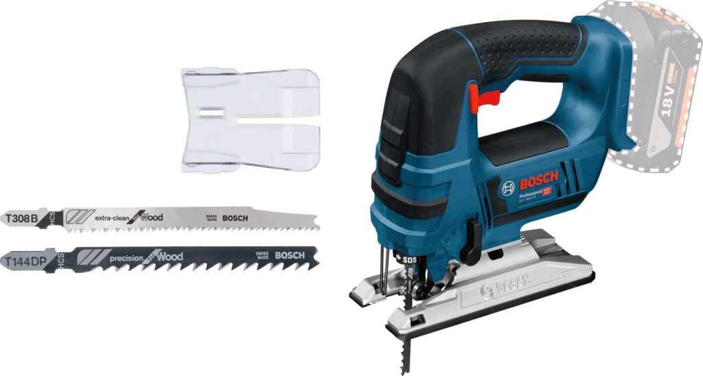 Bosch Professional 06015A6101 Seghetto Alternativo, Profondità: Legno/Alluminio/Metallo: 120/20/8 mm, 3 Lame, Protezione, Senza Batterie, in L-Boxx, 0 W, 18 V, Blu, Versione con Staffa