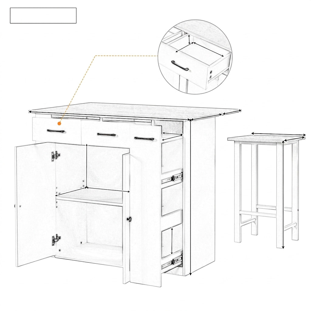 Isola Cucina con Tavolo Estensibile 120×45-75 cm; 2 Sgabelli; Ripiani Regolabili; Cassetti e Prese AC/USB Bianco
