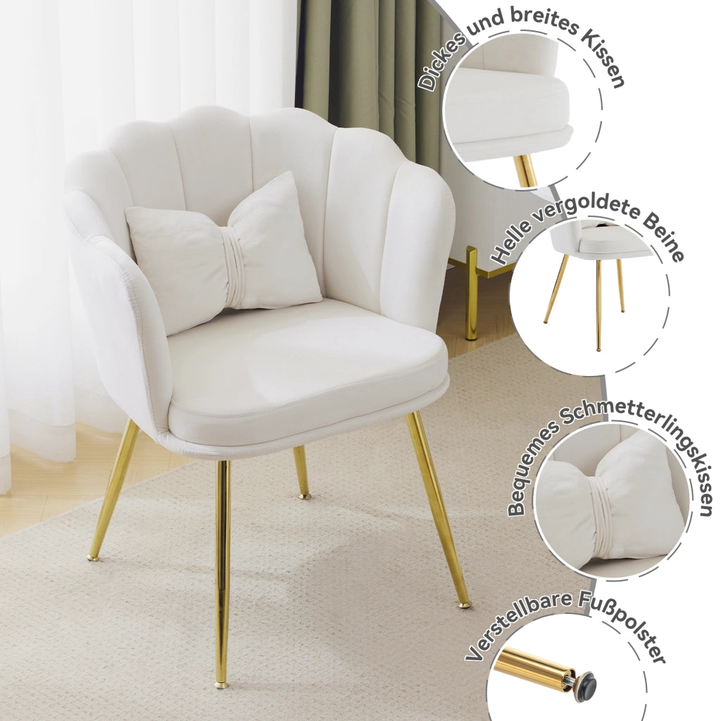 Fauteuil set da 4 in velluto con schienale a petalo e gambe in metallo dorato per soggiorno e sala da pranzo beige