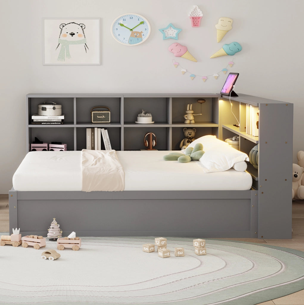 Letto multifunzione 90x200 cm in legno grigio con presa integrata; LED e vani contenitore