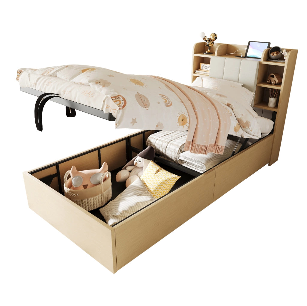 Letto singolo 90x200 cm con contenitore idraulico e USB-C