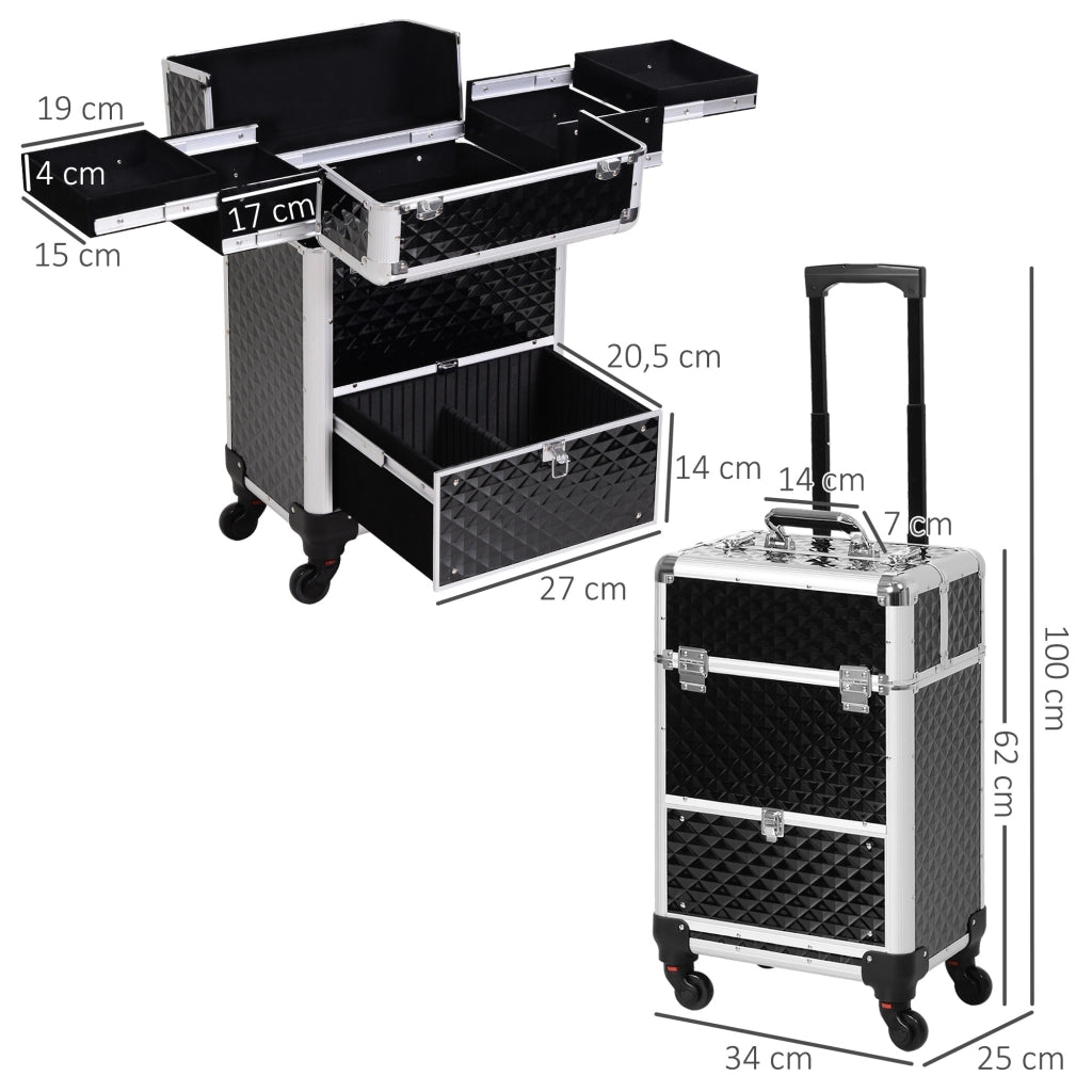 Valigia da trucco con manico telescopico ¨C zephmum ¨C 34x25x62 cm nero alluminio