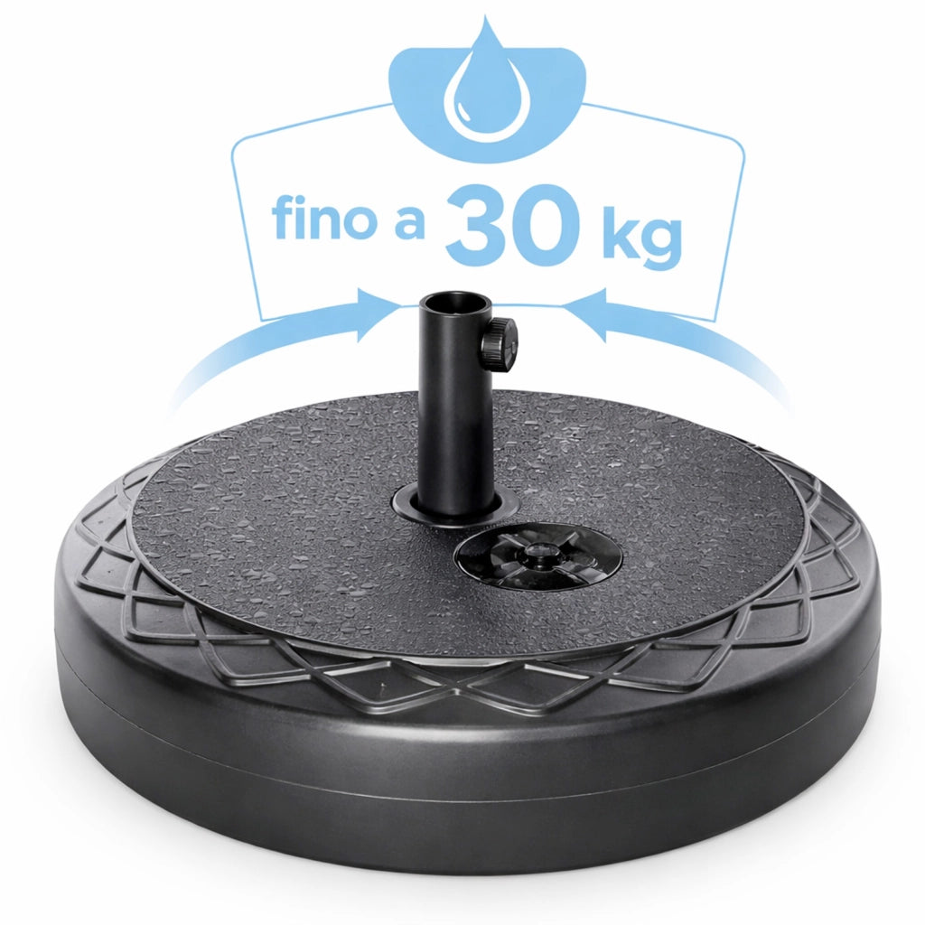 Base Ombrellone Riempibile Acqua o Sabbia 30kg In HDPE E Metallo Nero Supporto Universale per Palo 38/48 mm da Giardino Balcone Terrazza Resistente alle Intemperie Ø50 x 7.5 cm Nero