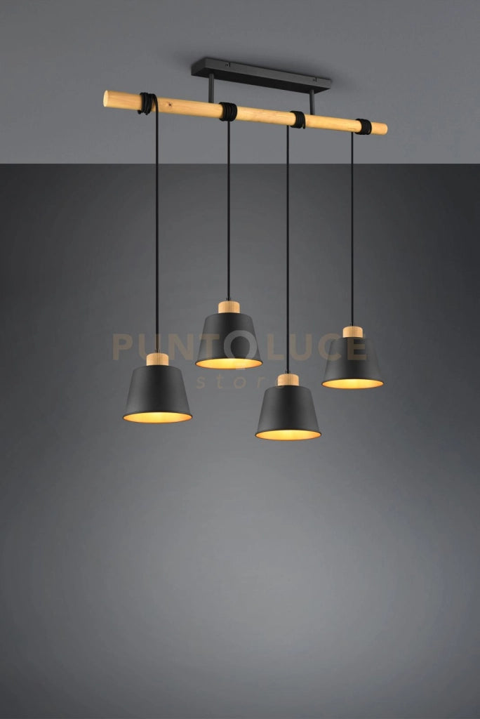 HARRIS SOSPENSIONE 4 DIFFUSORI METALLO NERO INTERNO ORO CON STRUTTURA E PARTICOLARI IN LEGNO NATURALE L. 87CM ATTACCO E27