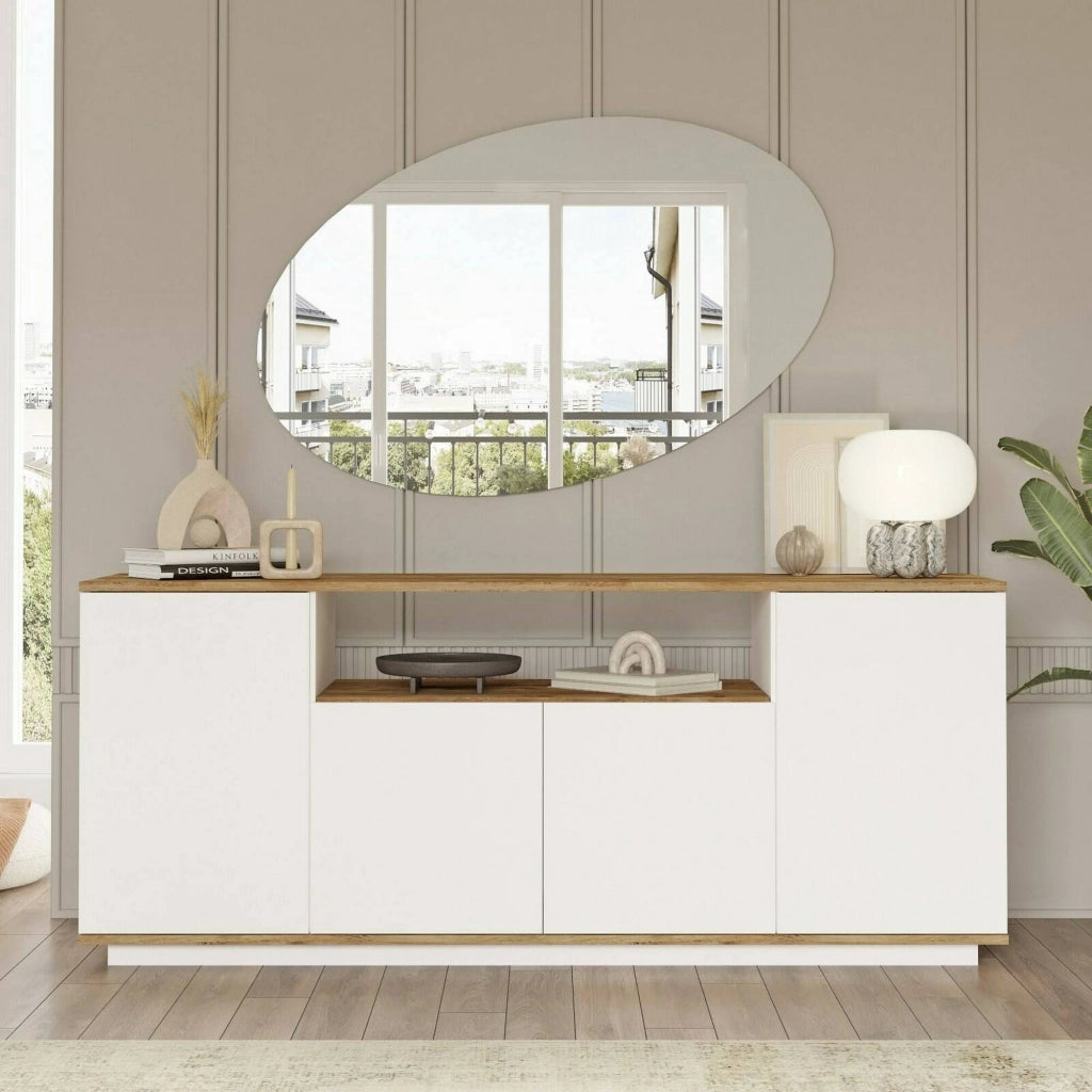Credenza Aziz, Buffet da soggiorno, Madia da salotto, Dispensa da cucina, 180x45h75 cm, Quercia e Bianco