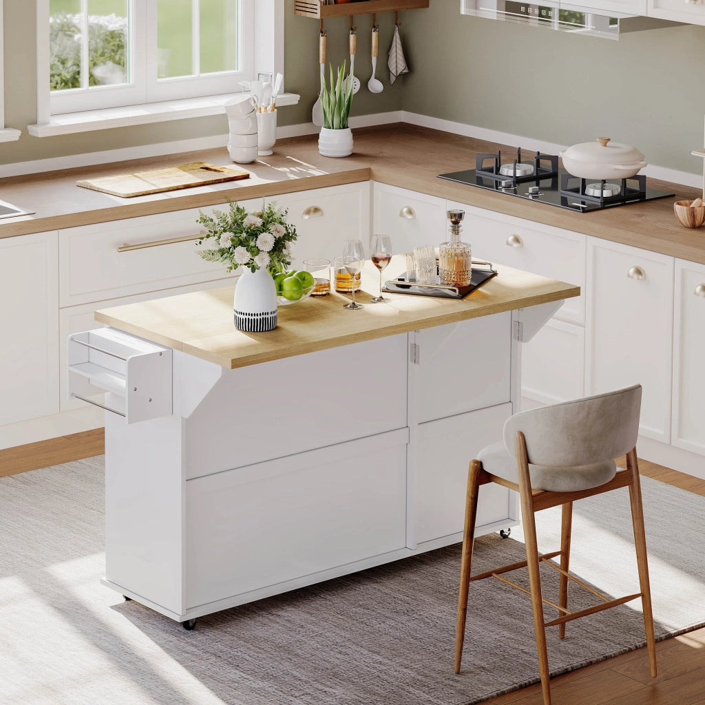 Isola da Cucina Mobile 137x45/70x89,5 cm Bianca e Legno con Piano Ribaltabile, 2 Cassetti e 6 Ruote