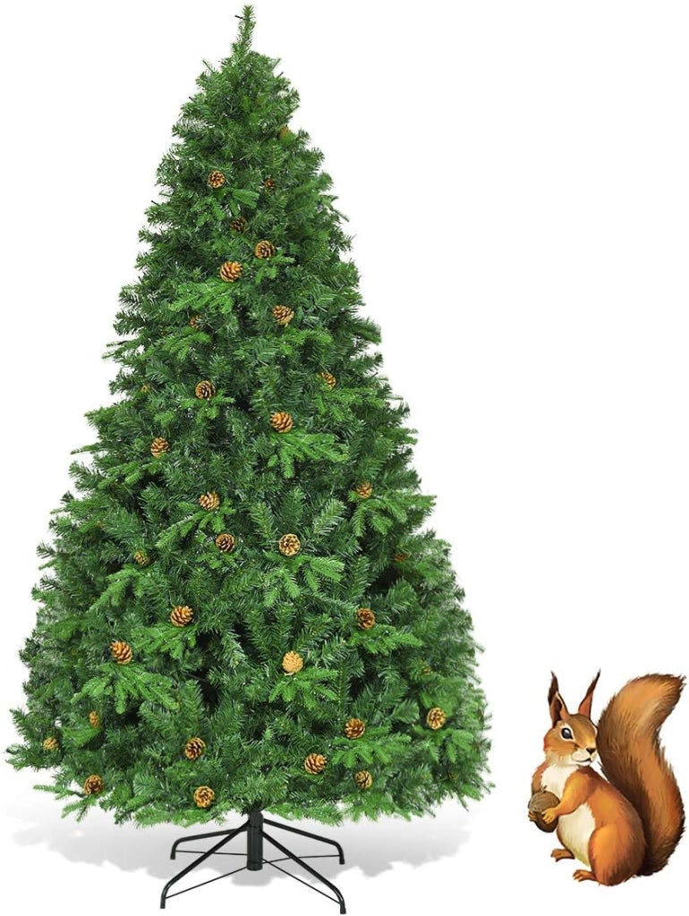 Albero di Natale artificiale, albero di Natale con LED bianco caldo, albero di Natale con supporto in ferro e adattatore, rami densi, albero di Natale con pigne, abete sintetico verde