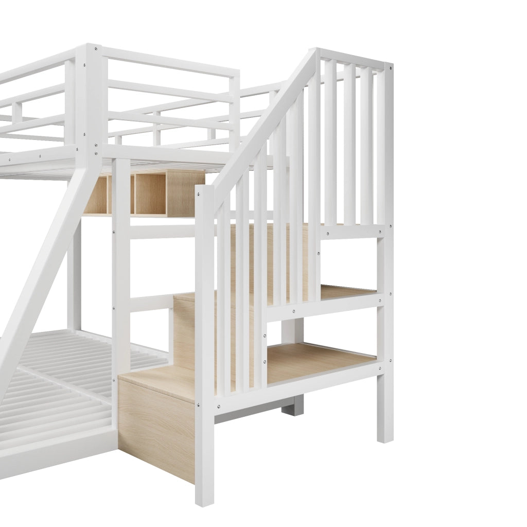 Letto a castello 90 × 200 cm et 140 × 200 cm con 3 scomparti, scale contenitore et LED, senza materasso, in metallo, bianco