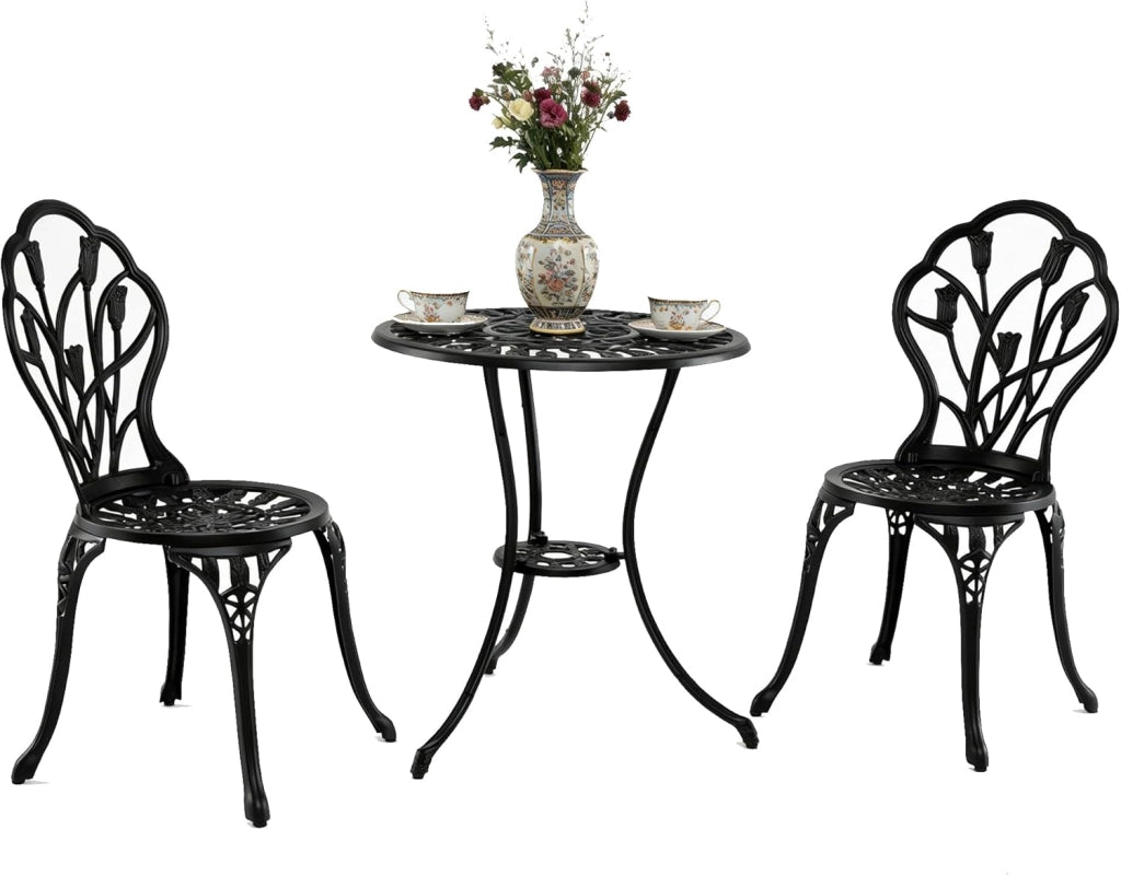 Set da Giardino 3 Pezzi, Tavolo da Bistrot con 2 Sedie in Alluminio Pressofuso, Tavolo con Foro per Ombrellone e Piedini Regolabili, Mobili Resistenti per Balcone, Terrazza e Cortile