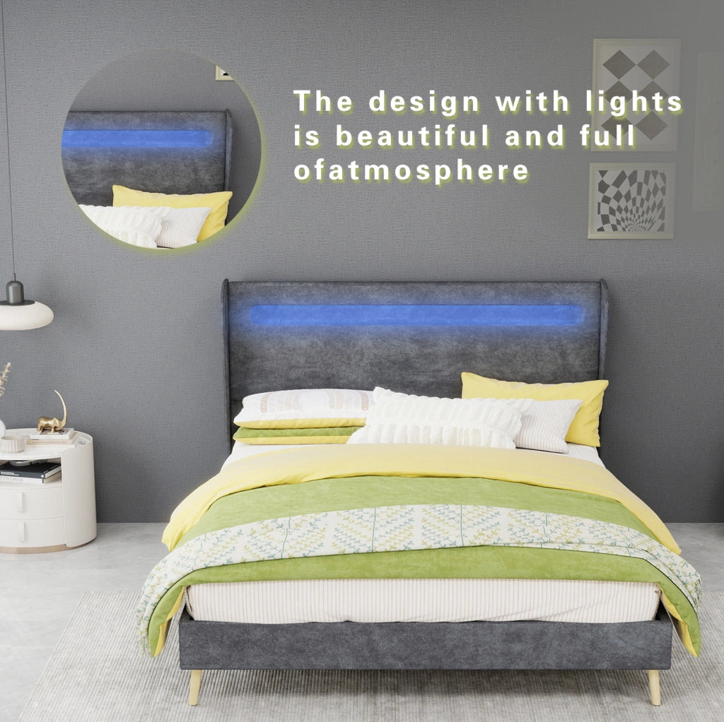 Letto basso 140x200 cm con testiera regolabile e LED multicolore; tessuto e metallo; grigio