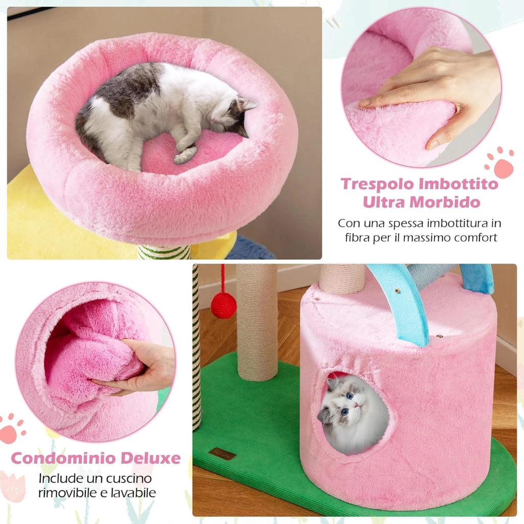Albero per Gatti a Tema Elefante, Albero Tiragraffi per Gatti con Condomini, Ripiano Imbottito, Pali da Graffiare, Giocattolo in Peluche, Piattaforme e Cuscino Rimovibile, Cat Tree per Interno