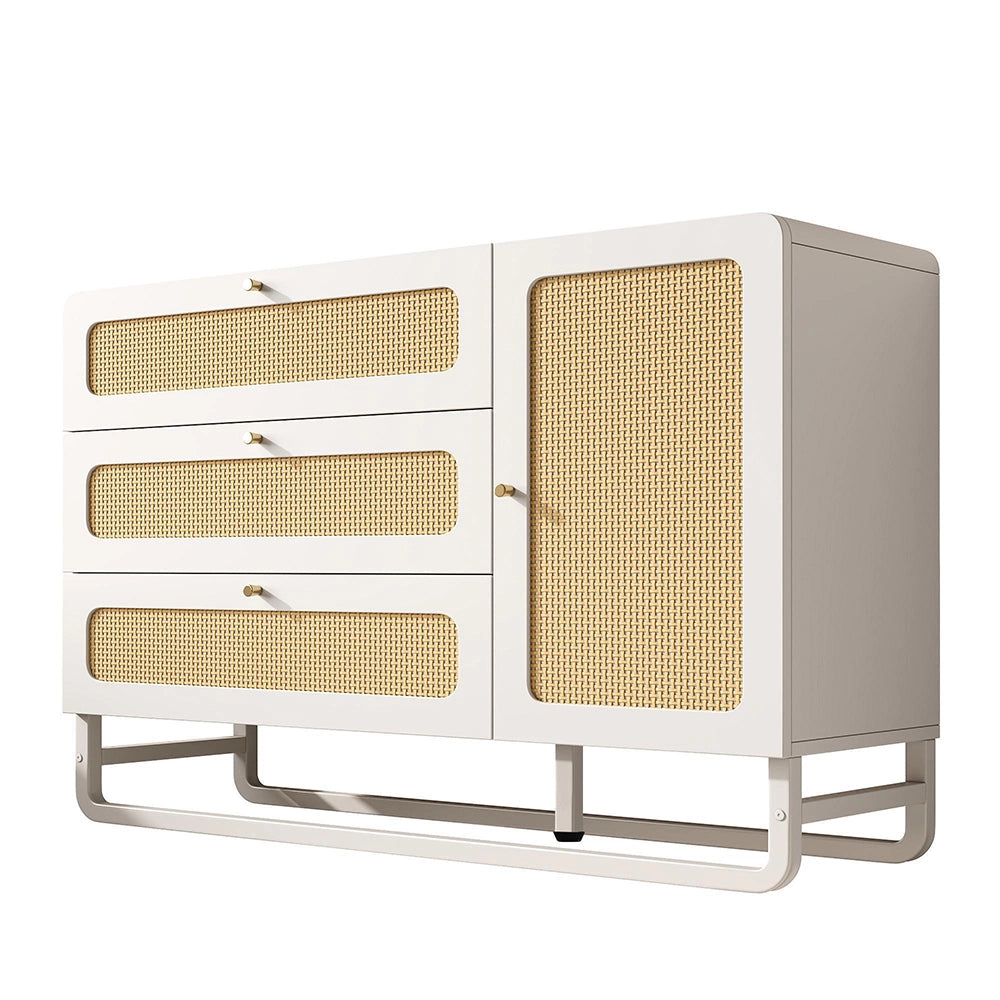 Credenza Stile Cottage 120x85x40cm - Xylo - Bianco con 3 Cassetti e Maniglie Vimini