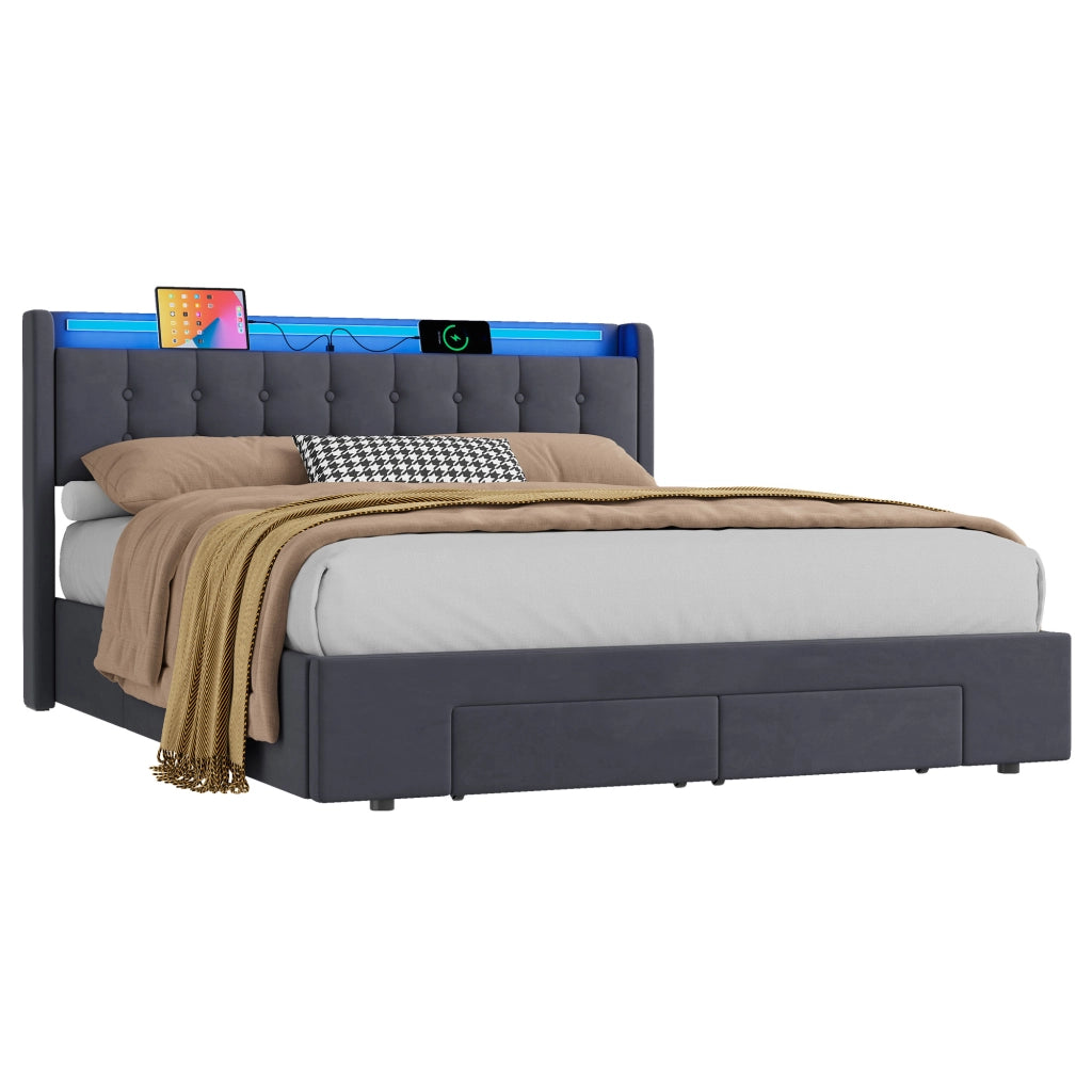 160x200 cm in velluto grigio scuro con contenitore, 2 cassetti, USB e luce d'atmosfera