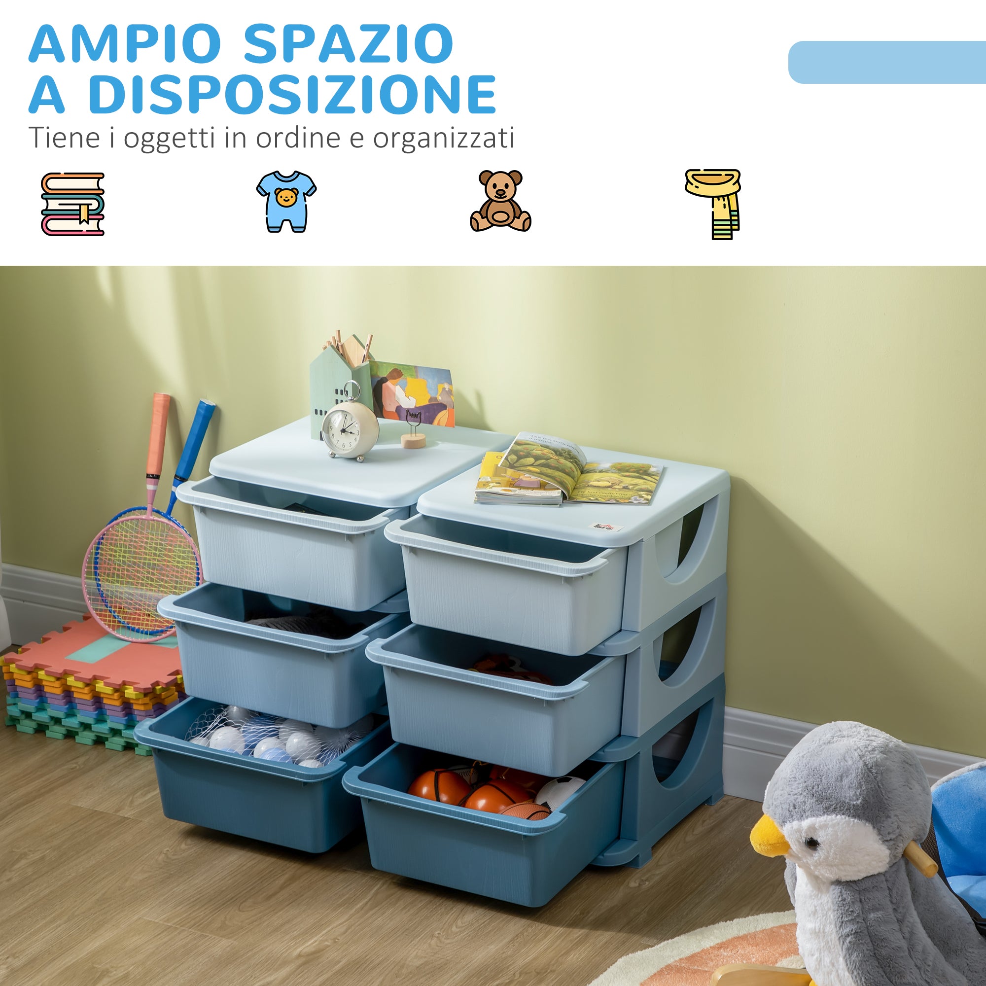 Cassettiera per Cameretta 6 Cassetti 75x37x56.5 cm in PP Blu