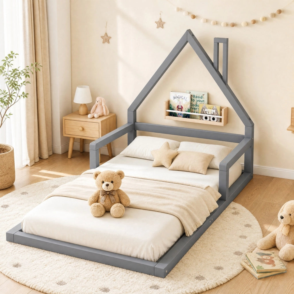 LETTO per bambini a forma di casa 90x200 cm Grigio in legno di pino e MDF