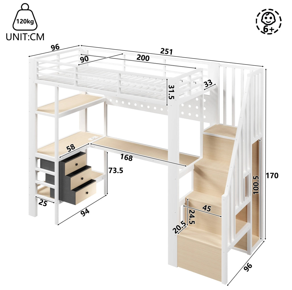 Letto a soppalco ULEVR 90x200 cm con scrivania, 3 cassetti, mensole, presa e LED dimmerabile, bianco