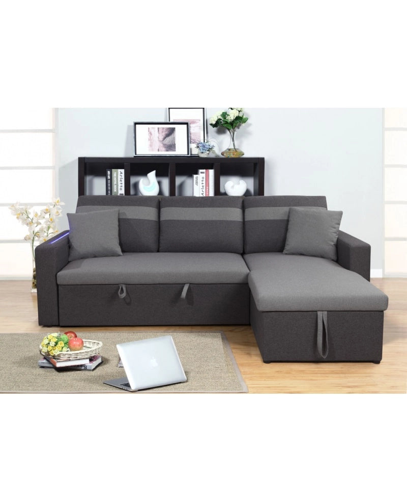 Divano letto contenitore, reversibile angolare, led, microfibra grigio chaise longue Sicorage Tuky