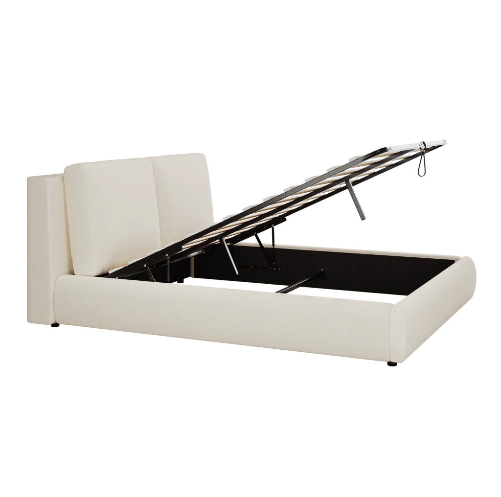 Letto matrimoniale imbottito 180x200 cm con contenitore; rete a doghe e testiera in bouclé beige