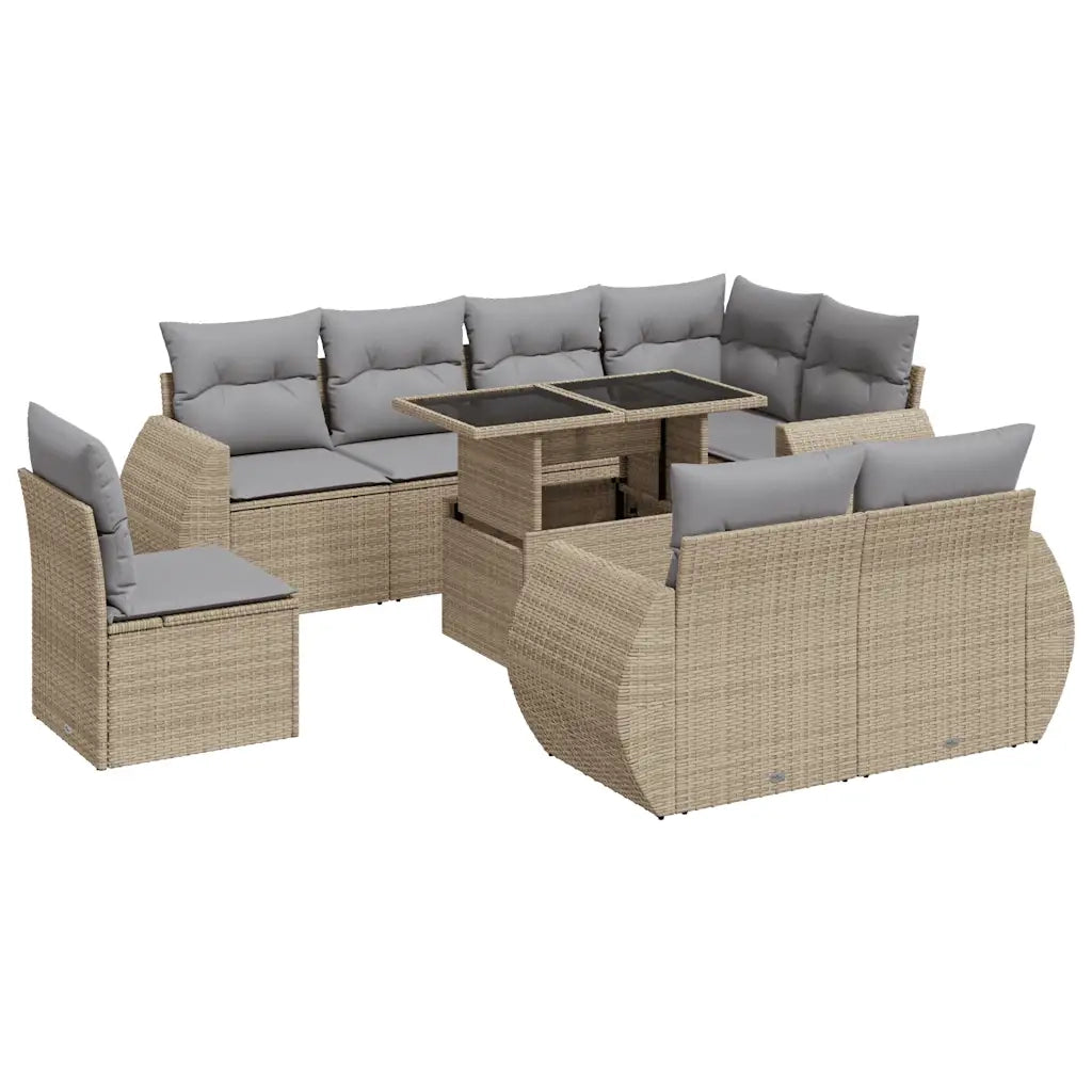 Set Divano da Giardino 9 pz con Cuscini Beige in Polyrattan