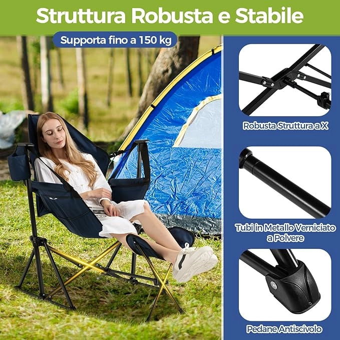 Sedia da Campeggio, Sedia Pieghevole per Esterni con Schienale e Poggiapiedi Regolabili, Poggiatesta, Porta Bicchiere e Borsa da Trasporto per Spiaggia, Giardino, Pesca, Supporta 150 kg (Blu)