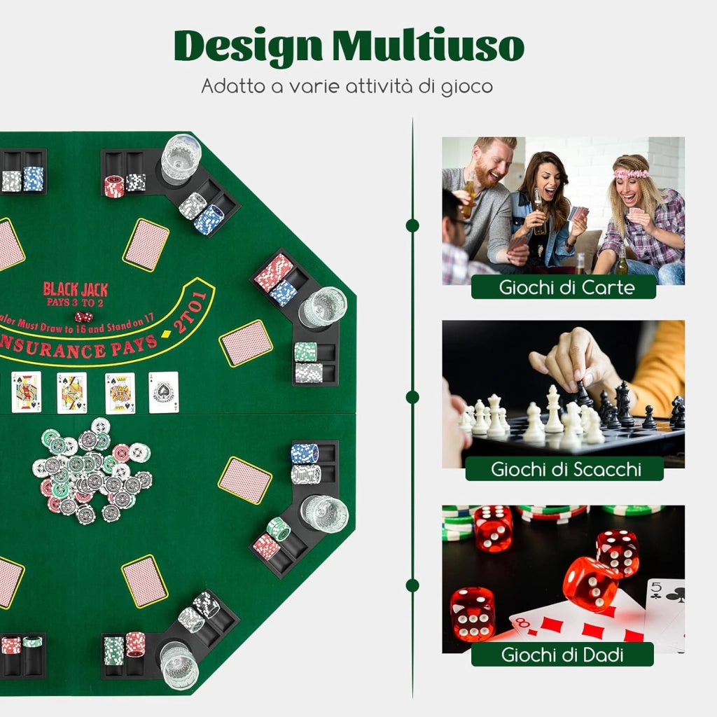 Tappetino da Poker Pieghevole 120 cm, Portatile con Borsa Portabicchieri e Vassoi per Fiches, Tappeto da Poker Antiscivolo, Verde