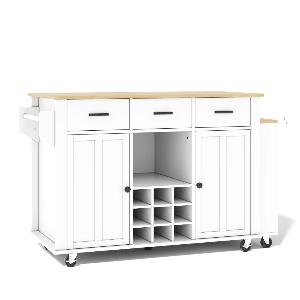 Isola da cucina mobile con piano estraibile, 3 cassetti, portabottiglie e presa USB, 136(223)x50x93 cm, MDF, Natural/White
