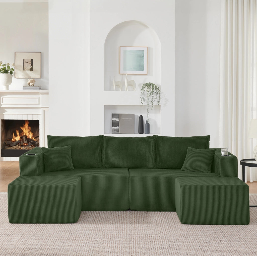 Divano angolare modulare verde 3 posti in schiuma con pouf mobili
