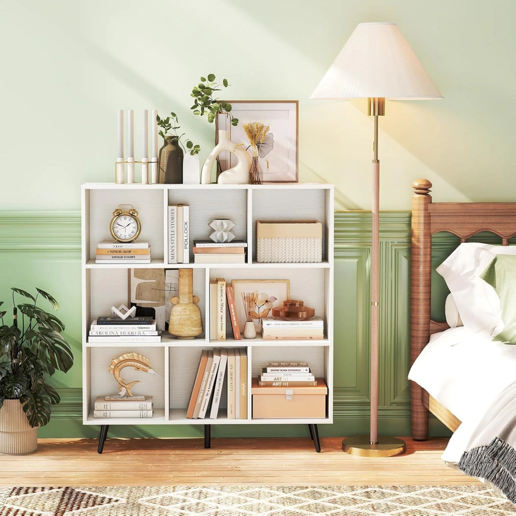 Libreria a 8 Cubi, Organizzatore di Stoccaggio Moderno con 5 Gambe di Metallo, Scaffale per Esposizione con 2 Kit Anti-Ribaltamento per Soggiorno Studio Camera da Letto, Bianco (100x24x107cm)