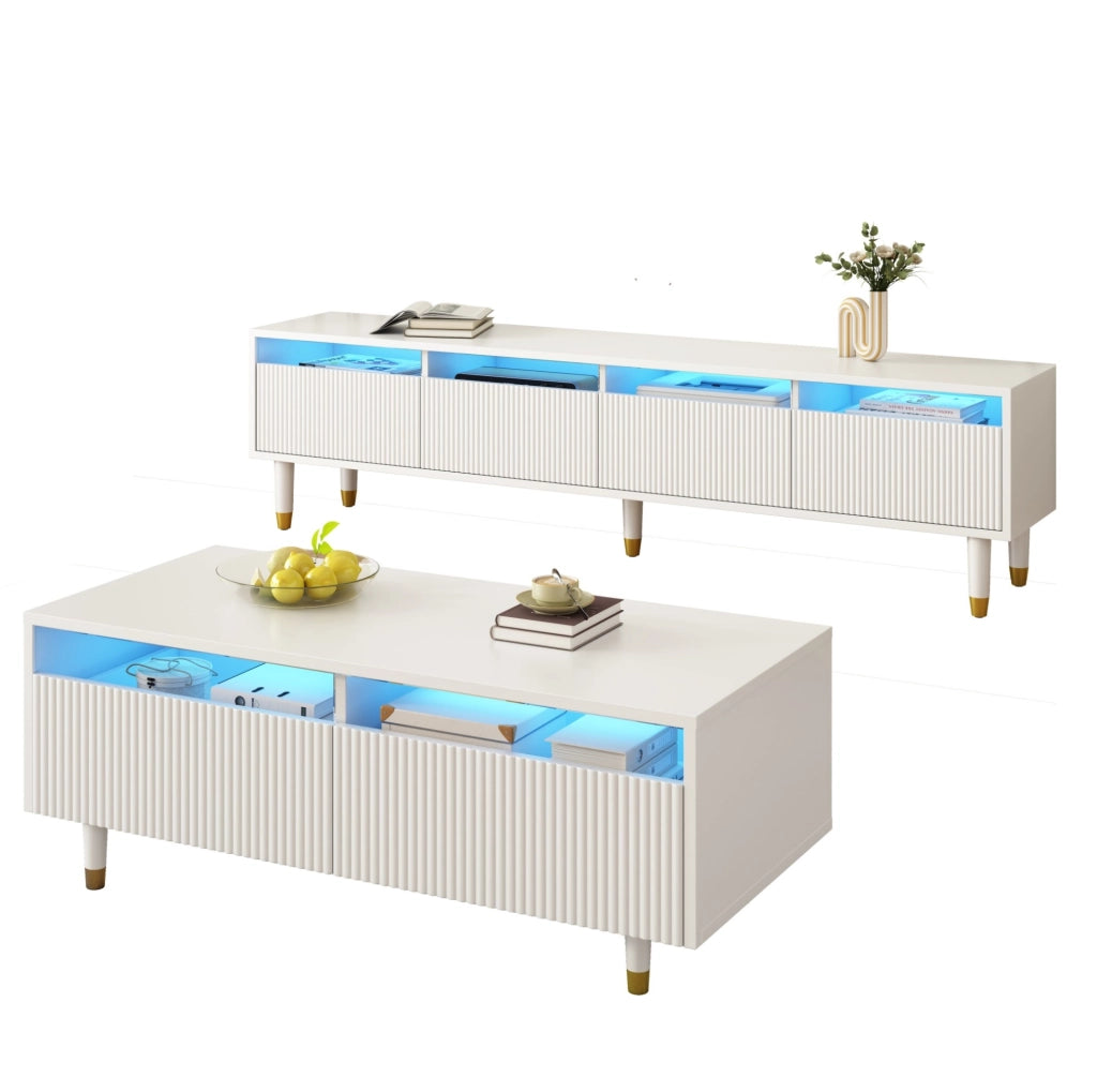mobile TV 178x35x45 cm bianco con LED e vani contenitori, set di 2 pezzi