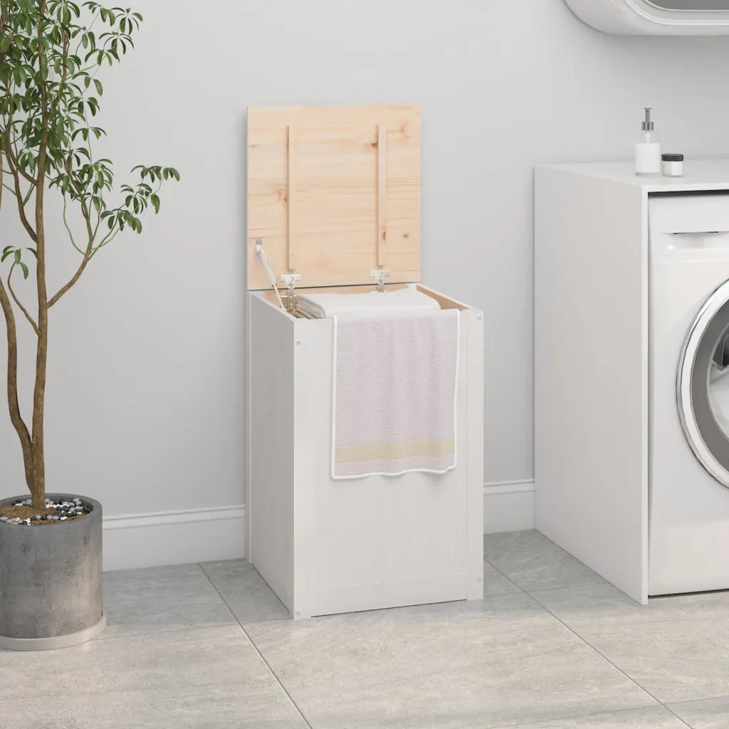Contenitore per Bucato Bianco 44x44x66 cm Legno Massello Pino 823565