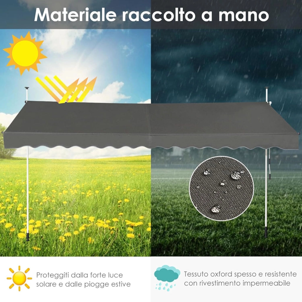 Tenda da Sole per Esterno, Tenda da Sole a Morsetto per Balcone con Struttura Telescopica e Tessuto Resistene ai Raggi Solari, Regolabile in Altezza e in Angolazione (350 cm, Grigio)
