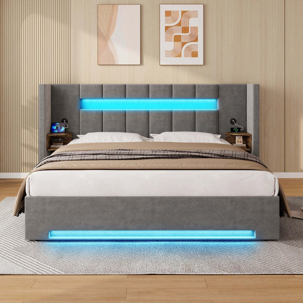 LETTO imbottito 180x200 cm in velluto grigio scuro con USB, LED e contenitore