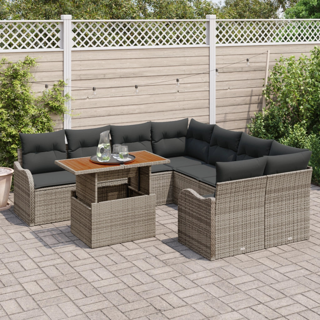 Set Divano Giardino 9 Pezzi con Cuscini Grigio Polirattan Acacia