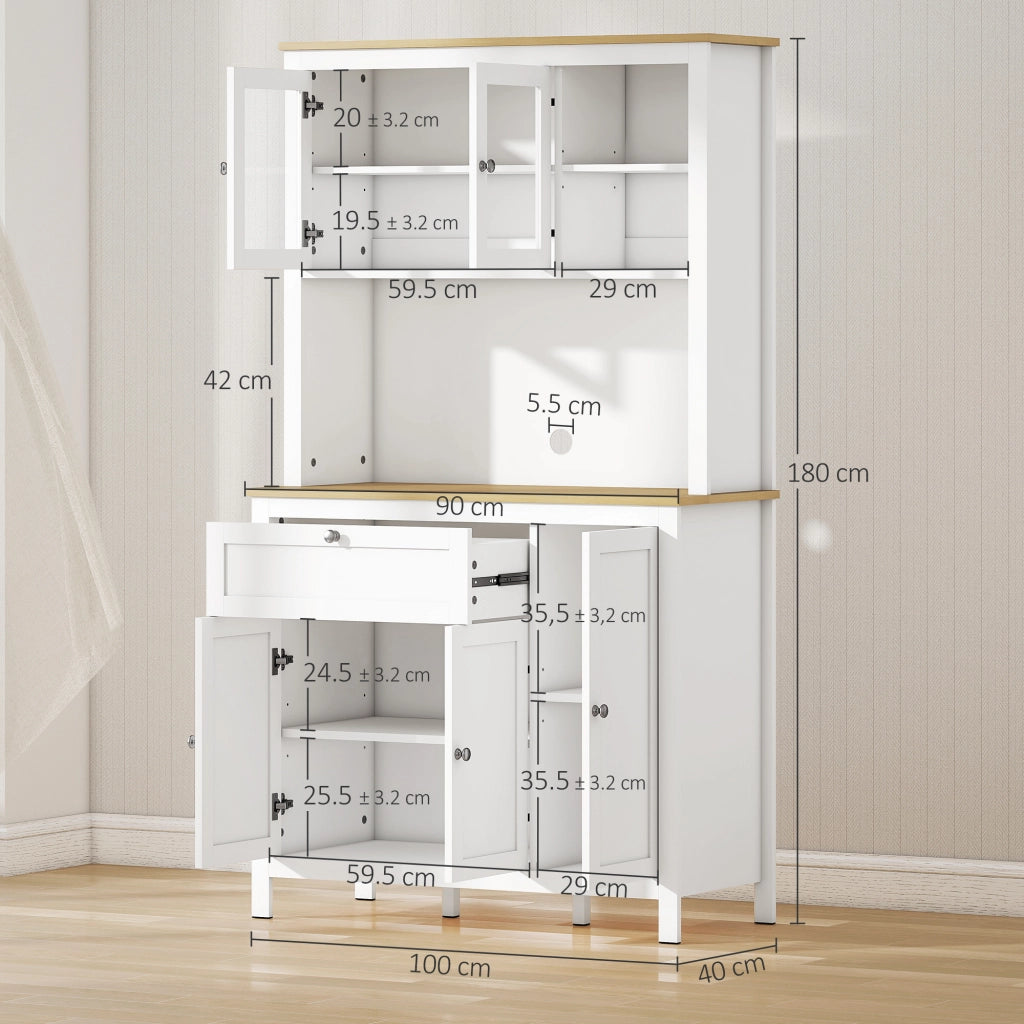 Dispensa Cucina con Cassetti. Ripiani Aperti e Scaffali Regolabili in Legno. 100x40x180 cm. Bianco