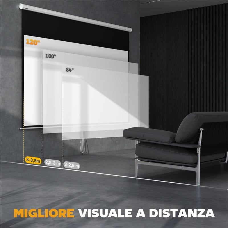 TELO PER PROIETTORE 120" RAPPORTO 16:9, FISSAGGIO A MURO E SOFFITTO PER CASA E UFFICIO, BIANCO
