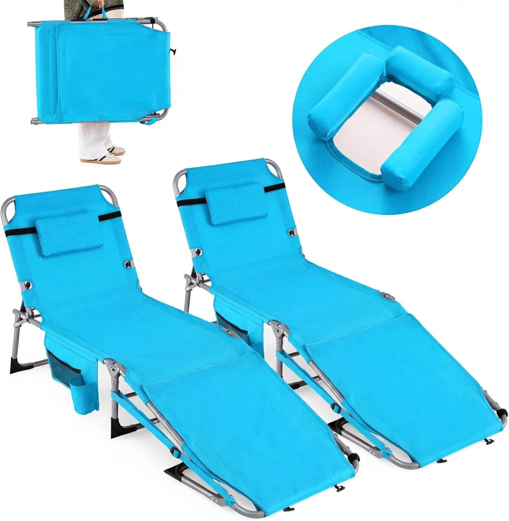 Lettino Prendisole Pieghevole Portatile, Lettino da Spiaggia con Fori per Viso e Braccia, Cuscino Poggiatesta e Tasca, Schienale Regolabile, per Mare e Piscina, Portata 180 kg (Turchese)