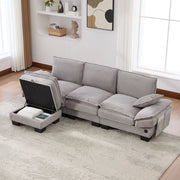 Divano modulare a 3 posti in tessuto a coste con ampia seduta, pouf, USB-C e tasche laterali, grigio chiaro